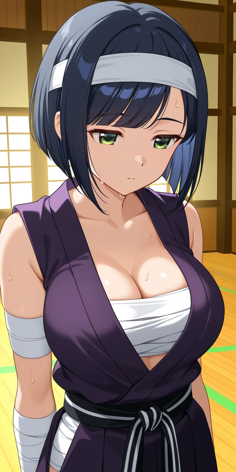 standing, solo, hinata\(boruto\), 1girl, mature female, naked apron, coffee apron, sideboob, large breasts, areola slip, cleavage, leaning forward, hanging breasts, curvy, hands on table, arms down, looking at viewer, blush, parted lips, light smile, short hair