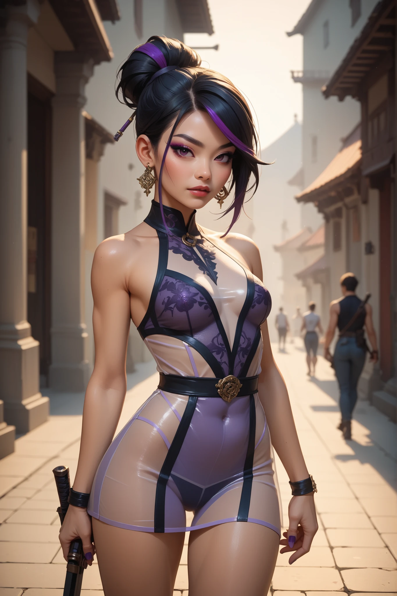 (masterpiece: 1.2), (best quality: 1.2), (highly detailed: 1.3), (intricate detail), highres, best illustration, perfect lighting, forest, warm colors, sunlight, sunrays in forest, warrior monsters, wind breeze, full body, full body shot, perfect face details, detailed eyes, detailed background, realistic photo, (sharp focus: 1.2), ((looking at camera: 1.2)), solo, 1 girl, ninja woman, oni mask ninja, mouth mask, perfect human anatomy, perfect legs, perfect arms, perfect face, ((realistic hands: 1.3)) long platinum hair, crown braid in hair, female clothing, sexy ninja outfit, little armor, leather skirt, feel garter, black gloves with gold accents, flashy neckline, seductive appearance, sexy body lines, human hands, attractive female body, (stylish and sexy ninja uniform: 1.2), female boot, hard , woman with closed mouth, green iris, looking at viewer, perfect lighting, epic realism