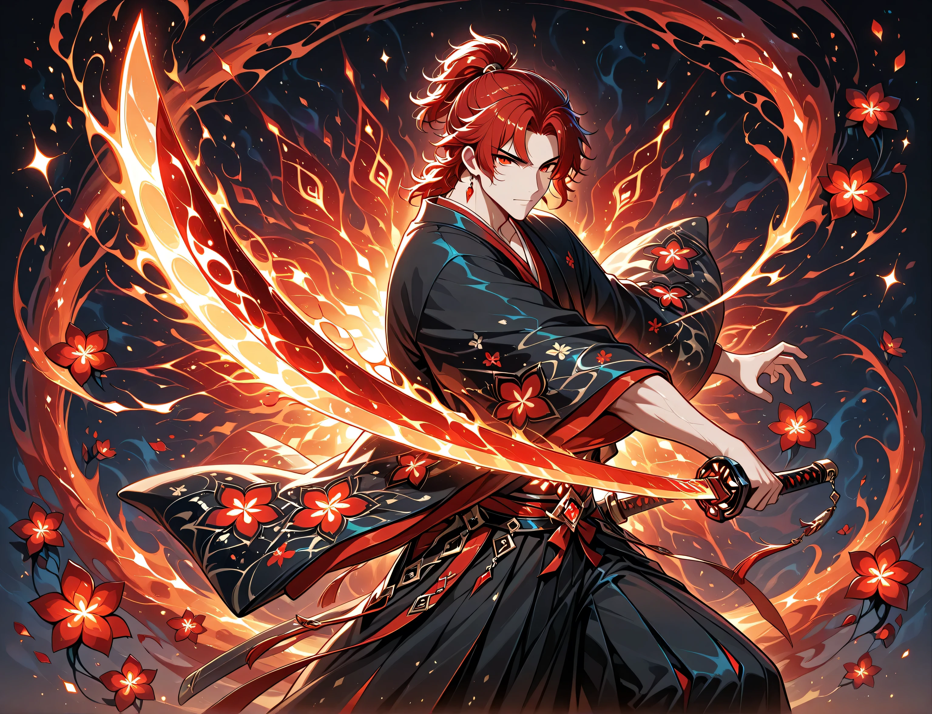 1boy, red hair, tied hair, red eyes, rectangle earrings, black kimono with red flower patterns, dynamic pose, dynamic composition, katana, sword slash effect, sword aura, ink background, ink splats, bioluminescent elements, magical light, glow bioluminescent elements, glow magical light, mystical atmosphere, captivating atmosphere, ethereal elements, exude charm and wonder