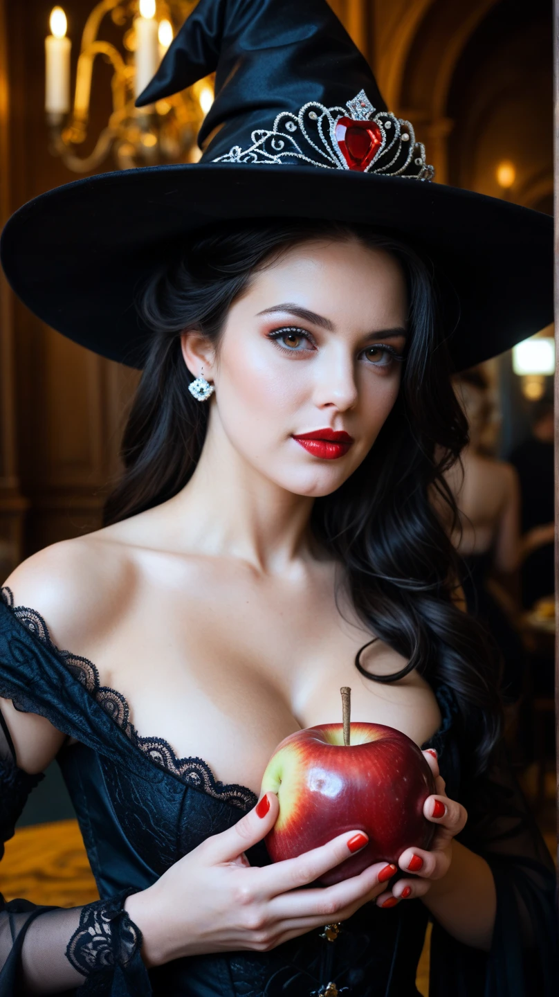 score_9, score_8_up, score_7_up, score_6_up, score_5_up, score_4_up, realistic style, photo, photorealistic, high detail, (sharp), BRAKE, Girl, Black long hair，Black Queen, big breast, cleavage，accessories，Apple in hand，Poison apples，Witch Queen，Red lipstick