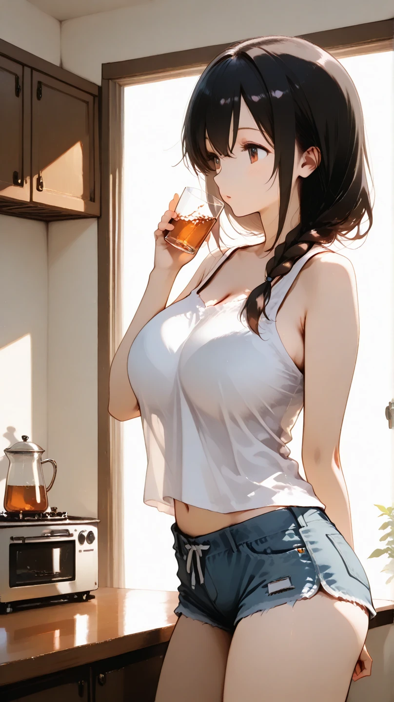 2d, Top Quality, (Masterpiece), (Full Length), Aya Shameimaru,(Shiny Jet Black Hair: 1.6), Short Cut, (Brown Lady), (Healthy Dark Skin), (Suntan Scars), Collarbone, (Denim Hot Pants), (Tank top), JK, Glowing just plays, just play, Beautiful Brown Eyes, Attractive Thighs, Big Tits, Bedroom, On Bed, Window Light coming in through the window, Erotic expression, Heavy sweat, Wet hair, Drops dripping from hair, Beer can in right hand, It's hard to breathe, Bold pose