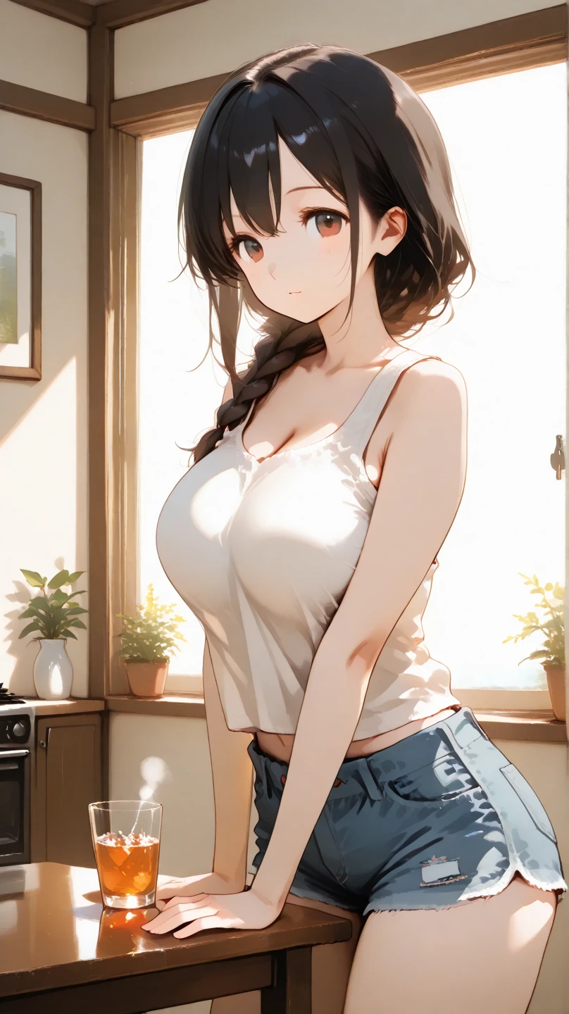 ((best quality)), ((masterpiece)), (detailed), 1girl, huge round boobs, brown hair, brown eyes, sidesweep bangs, long hair, beautiful legs, beutiful waist, using tank top, small jeans shorts, big cleavage