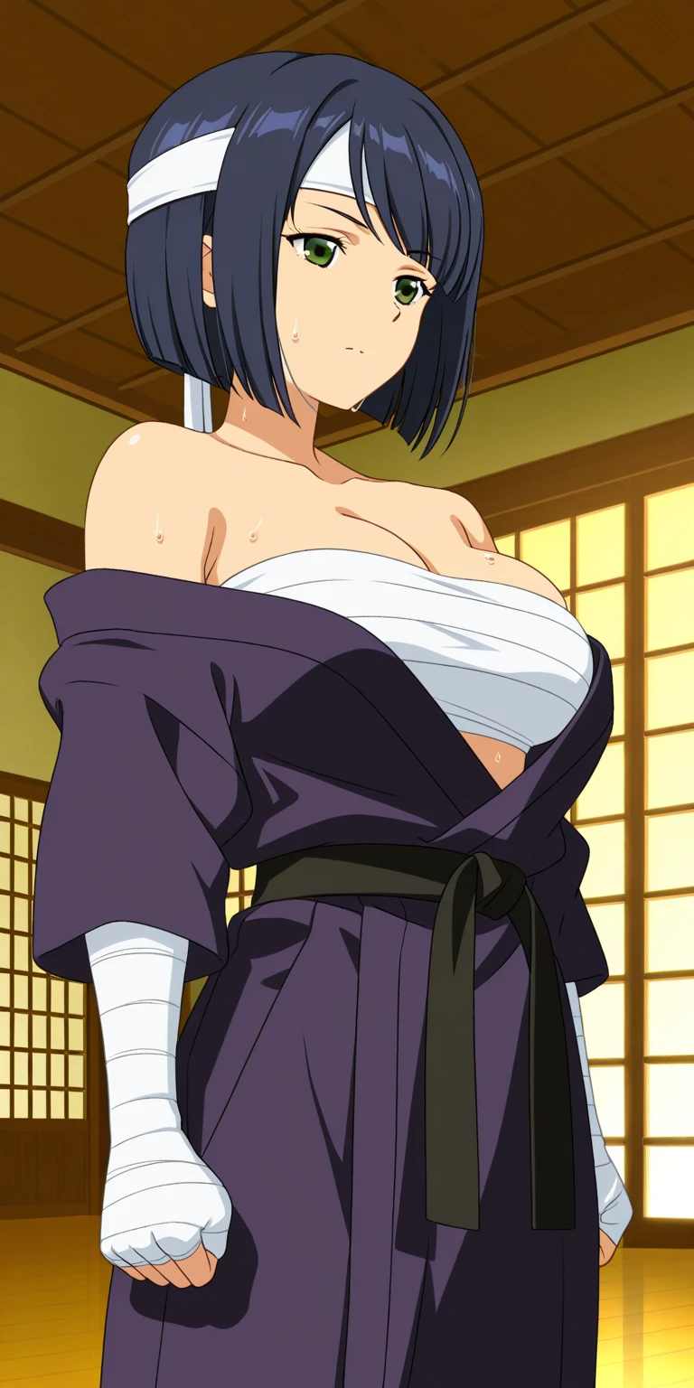 (anime cels style, best quality, high resolution, anime colored, megami magazine, sharp, 8k), (beautiful eyes:1.5), sakaguchihinata\(ttigraas\), black short hair, large breast, cleavage, (japanese clothes, yukata:1.5), cowboy shot, seiza, (perfect detailed anatomy, perfect arms, perfect fingers, beautiful face, perfect body, shiny skin), 