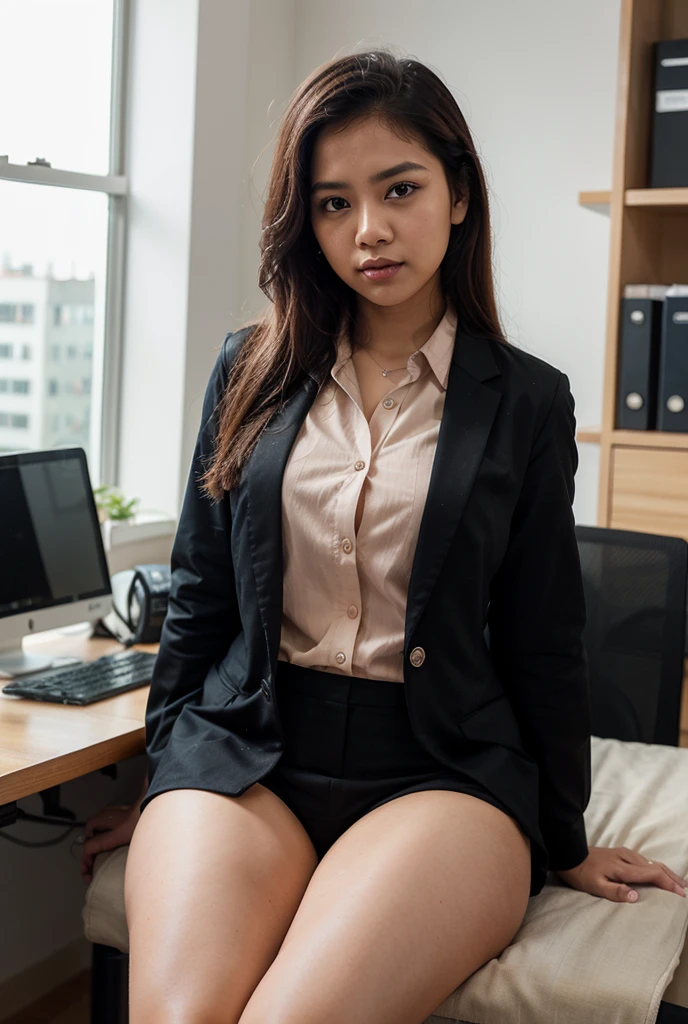 Show entire body, full body view, feet in view, Gorgeous Asian female, long blonde hair, tight button down shirt, very short skirt, black pantyhose, no shoes, outside, sunny day, sunlight shining on legs, cute smile, an executive office with sleek, modern furniture and large windows letting in abundant natural light. The room  adorned with minimalist decor, clean lines, and a touch of sophistication. The camera used  a vintage 35mm film camera, giving a timeless quality to the image. The lighting  a combination of natural sunlight streaming through the windows and warm, soft artificial lighting strategically placed to highlight certain elements of the room. In this setting, a professional seated at a desk, surrounded by books and a laptop, exudes a focused and determined aura