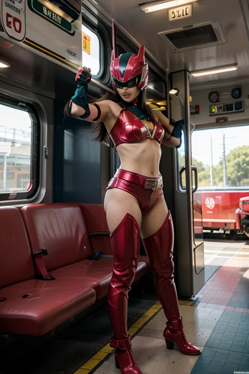 A stunning and powerful depiction of Kekko Kamen, the legendary Japanese female superhero character known for her unconventional attire a female superhero whose costume consists solely of red boots, gloves, scarf and a mask with long bunny-like ears, which leaves her body nude. In this particular artwork, Kekko's athletically figure (medium breast) is on full display Her long, flowing hair is a vibrant red, cascading down her back as she stands in a heroic pose, one hand on her hip and the other pointing to the sky. Her piercing eyes are a deep shade of blue, filled with a fiery determination. The background is a stark contrast to her vibrant figure, with the darkened hues of a moonlit night setting the stage for her daring battle. The light from the moon casts a soft glow on her athletic form, highlighting the definition of her muscles as they ripple with every movement. She stands atop a crumbling rooftop, surrounded by the chaos of a city in turmoil, with neon lights flickering in the distance. The shadows play upon her skin, giving the illusion of a nude silhouette, while the bandages cling to her body, revealing just enough to keep the mystery alive. The image captures the essence of Kekko's strength and sexuality, as she stands ready to face whatever challenges come her way. The composition is a masterful blend of eroticism and empowerment, showcasing Kekko Kamen as the epitome of unbridled female energy and the ultimate guardian of justice.