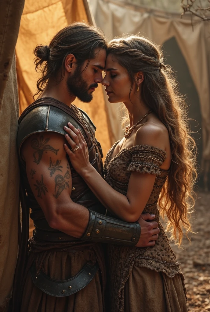 Ai gorgeous blonde warrior princess with blue eyes kisses handsome man greedily, dark hair, Caramel leather, sharp brafi muscular warrior.