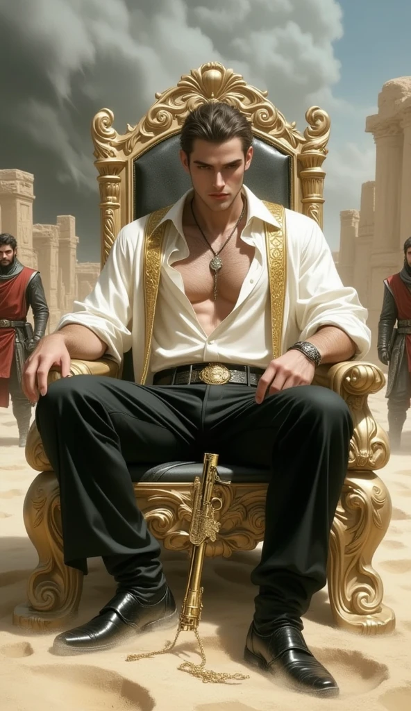 A handsome handsome shirtless man wearing gold pants sitting on a king's chair, slim white skinned in the desert palm tree behind a lake and a peacock with two leopards beside him