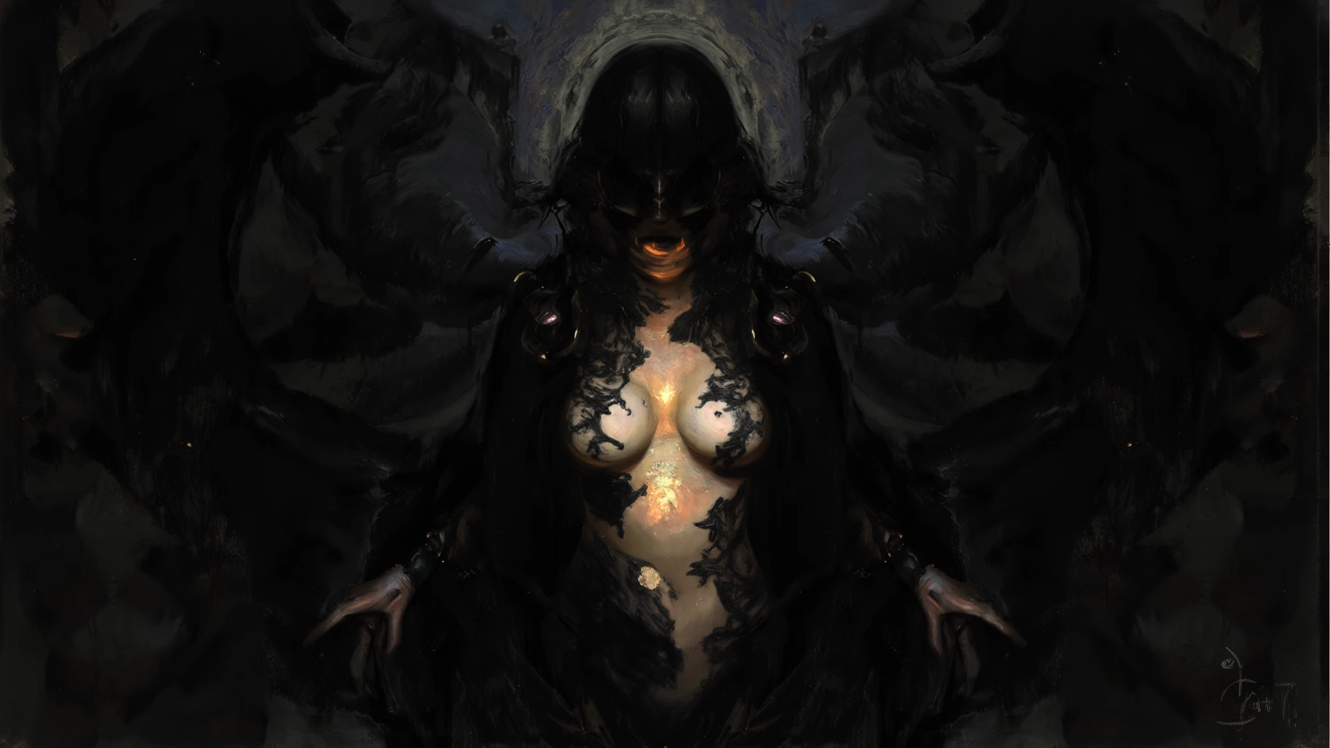 Dark Necro woman, scary, tiny skinny, cute, big nacked tits, (grey skin)