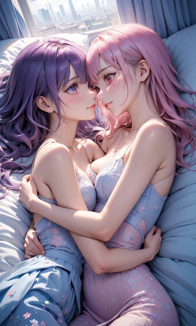 Best Quality,High Resolution,8k,finelity detailed background,Masterpiece:1.2), (2 beautiful girls:1.3). The girl on the left has purple hair, purple eyes, and wears black lingerie. Girl on right has pink hair and pink eyes, wearing gray lingerie, upper body, leaning forward, (Cleavage: 1.2), cute, looking up, sweet, blush, upper body, close-up (close-up of breasts: 1.2), late night, bedroom, on bed, two girls kissing