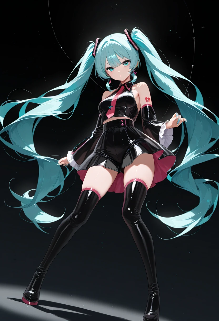 ((Highest quality)), ((masterpiece)), Official Art　Unity　8k　hatsune miku　hatsune mikuコスプレ　Black Rabbit Ears　Large Breasts　black sleeves　Black Bunny Suit　smile　Twittail Hair　Very long hair　Aqua Eye　Aqua Hair　Black boots　 (((From above)))

information
