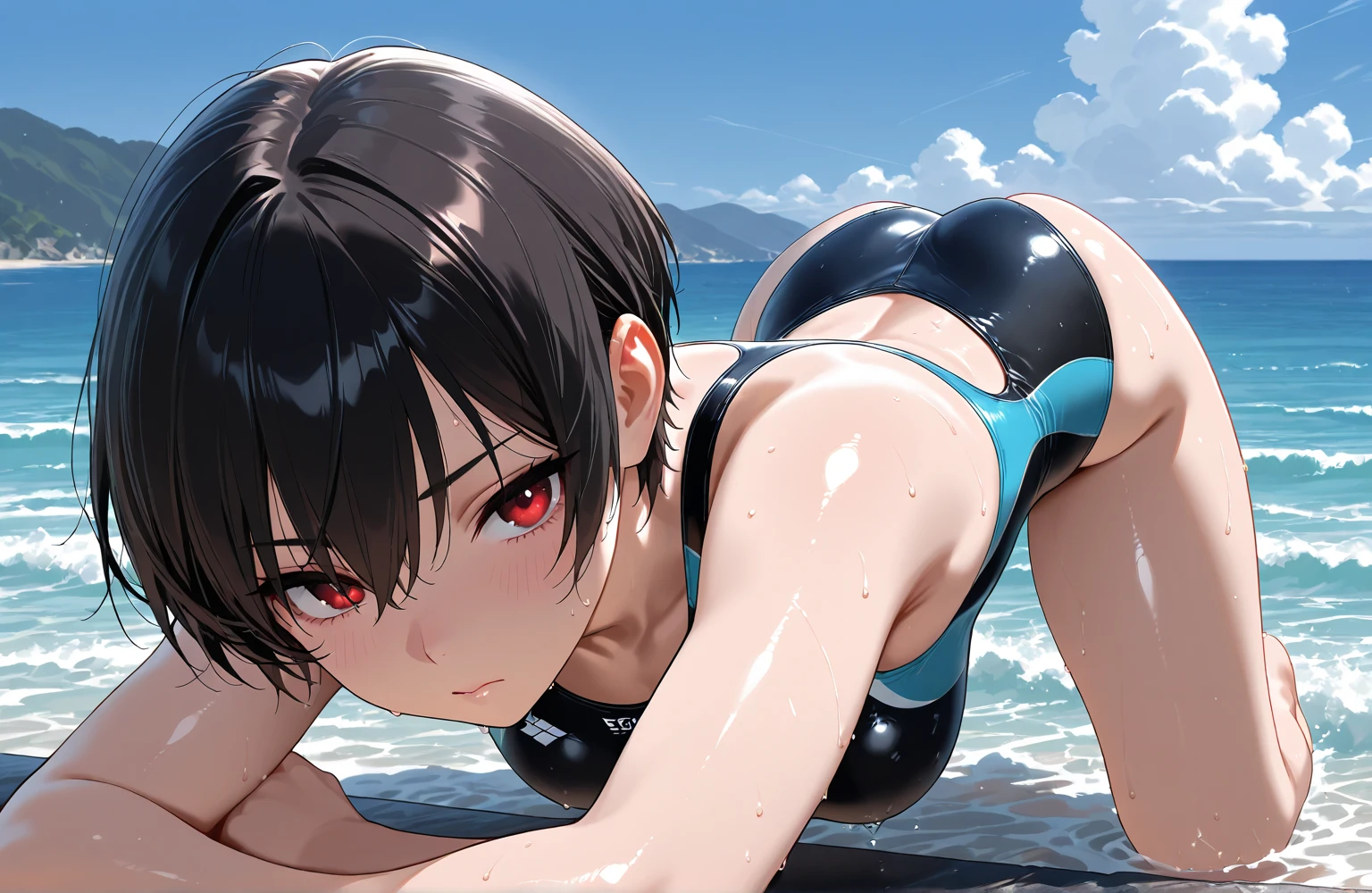 top-quality、masutepiece、flat breast、childish one piece swimsuit、young minimal girl、red blush、Squatting、Black Hair Bob Hair、SEX、deep kissing