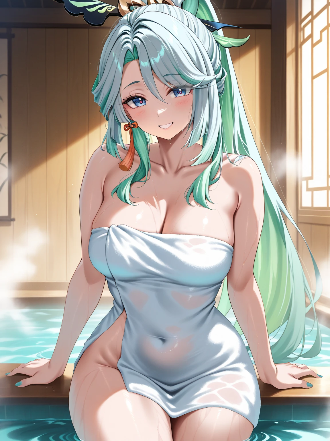 Aqua Konosuba, cabelo longo azul, olhos azuis, retrato, realista, toalha, (onsen), side-lighting, papel de parede