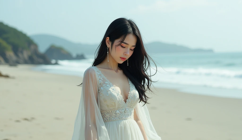 Beautiful woman, White Dress, On a beautiful beach, Disheveled long hair, make out, A light smile, Holding flowers, Ultra HD, Realistic, Bright colors, Attention to detail, UHD rendering, Perfect composition, 美しくAttention to detail複合施設
