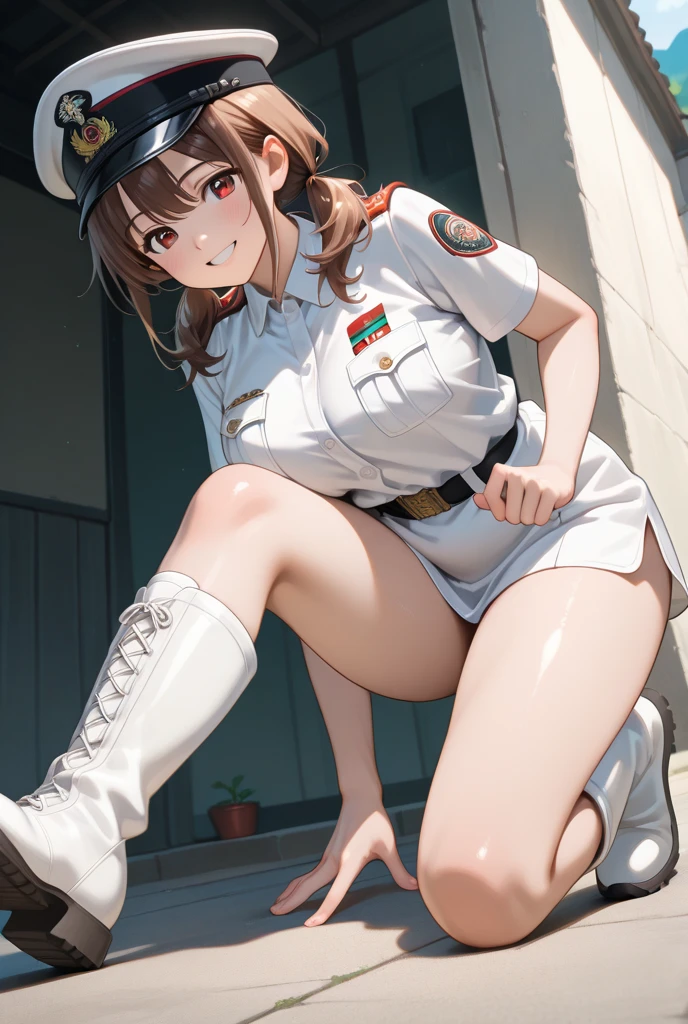 ((best quality)), ((masterpiece)), (detailed), perfect face Parking enforcer wearing bowtie, cap, gloves and long sleeve leotard squatting barefoot. Painted toenails