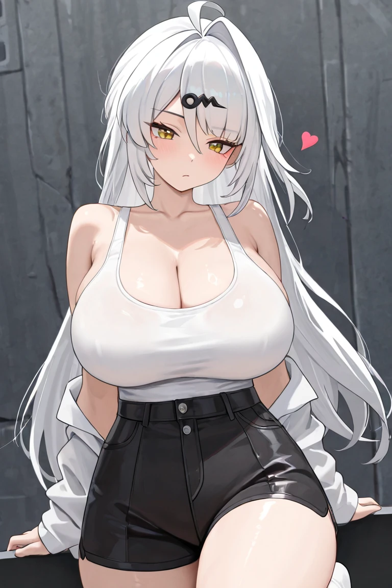 1girl, dark skin, black skin, dark-skinned female, white hair, long hair, large breasts, wide hips, sportswear, shy, sports bra, hourglass figure, mature female, clothes, jacket, white jacket