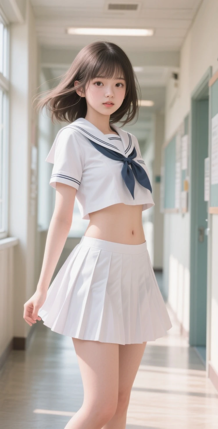 8k UHD、Digital single-lens reflex camera、High resolution、shallow depth of field、Natural light、(((sailor suit)))、(((Dark blue super mini skirt)))、(((full body shot)))、small person、(((young face)))、1 Japanese girl、16 years old; beautiful girl、(black hair)、(((brown eyes)))、Glossy skin、smooth thin hair、long hair、detailed background、highly detailed eyes and face、clear eyes、cute smile、Calm atmosphere、(((climb the stairs)))、(((detailed small breasts)))、(((beautiful eyes)))、petya pie、children `s、(((tight thighs)))、(((white panties)))、(((angle from below) ))、(((detailed lips)))、(((The skirt is fluttering)))、beautiful shining legs、((nsfw))