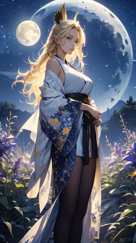 masterpiece, high quality, 4K, Beautiful design, silhouette,blonde,Side Tail, 非常に詳細な夜のStarry Sky,Flower Field, wonderful, Finer details, Very knowledgeable woman, Highly detailed solo, 1 female,Beautiful Eyes,tears,Big Breasts,White sleeveless,rain,Night view,Starry Sky,full moon,