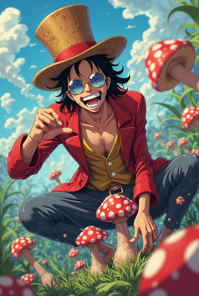 Make the one piece main character luffy holding a bong and a joker card on her other hand and add a cannabis plant background