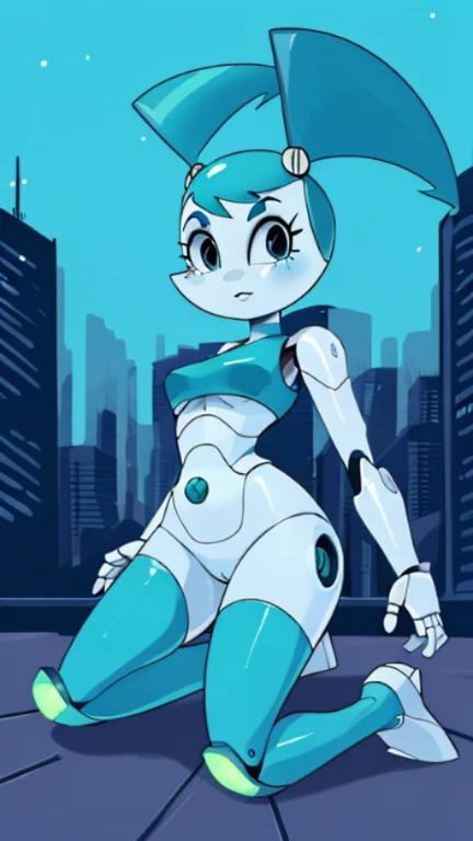 High quality portrait of Jenny Wakeman fighting aliens in a futuristic city. HORA DO DIA. Cara de medo. robot body black color, robot joints. Parafuso roxo no umbigo, biquini sexy roxa
