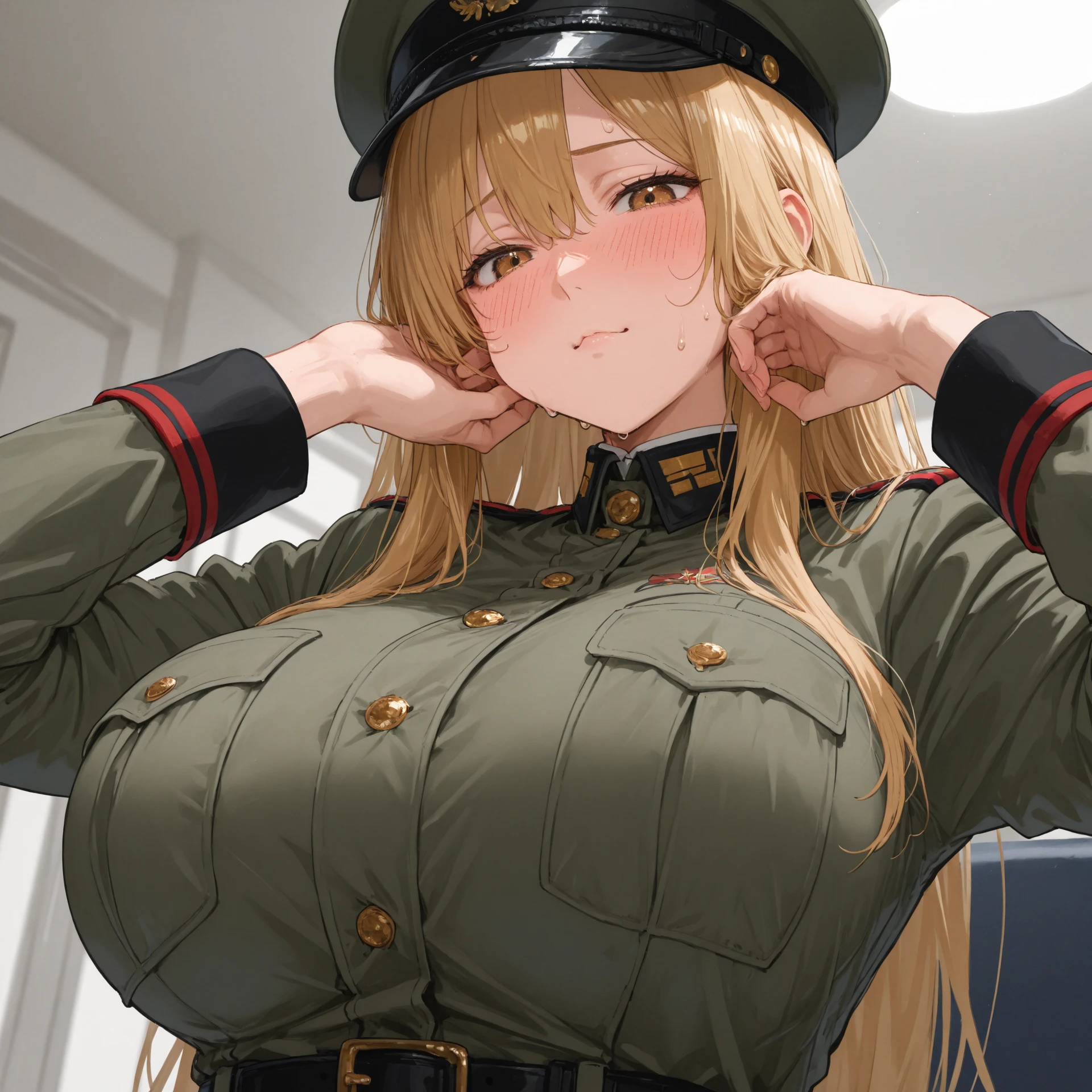 USA military , full body she is waiting to make love to you, , European woman, military uniform bikink, tight top, huge breasts, blond and long and straight hair, blue eyes, breasts visible, huge breasts, gigantic breasts, oversized breasts, army bikini