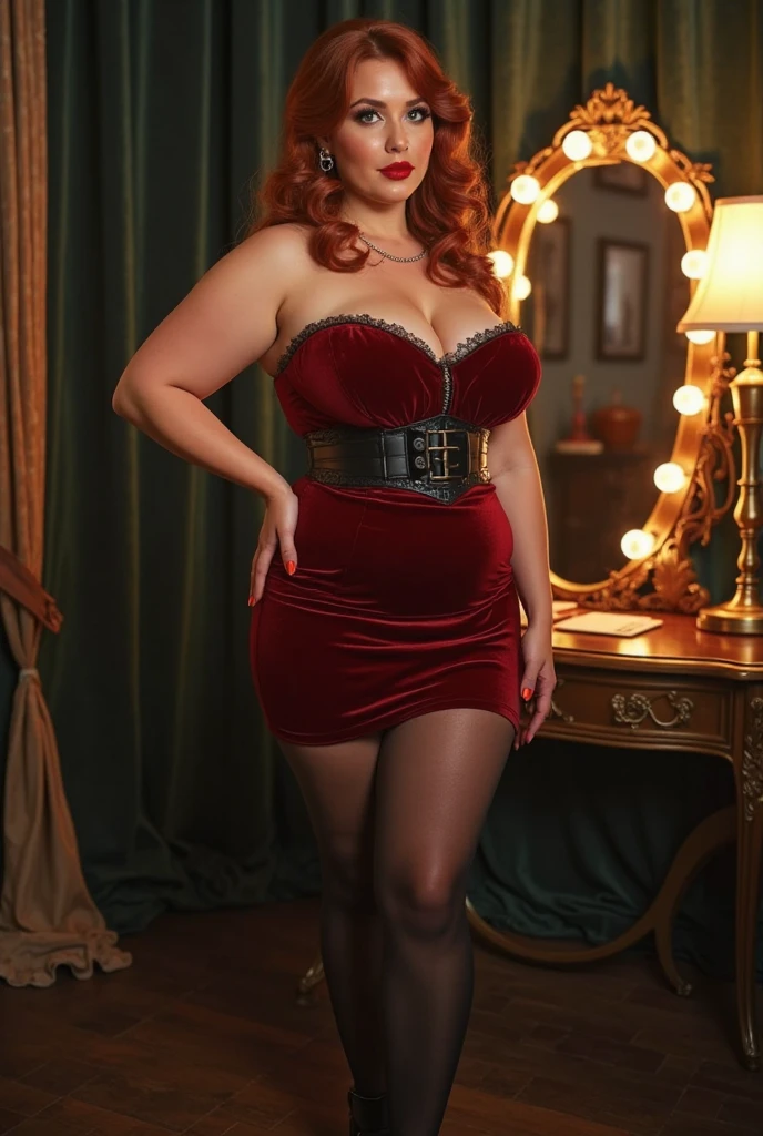 Lucy Pinder, ((VERY INTENSE MAKEUP)), lace, sexy woman, Chubby Woman, voluptuous, red hair, wavy hair, short hair, black jumpsuit, red cap, Christmas clothes, white pantyhose, smiling, (Adele), black lipstick, Arian Grande.
