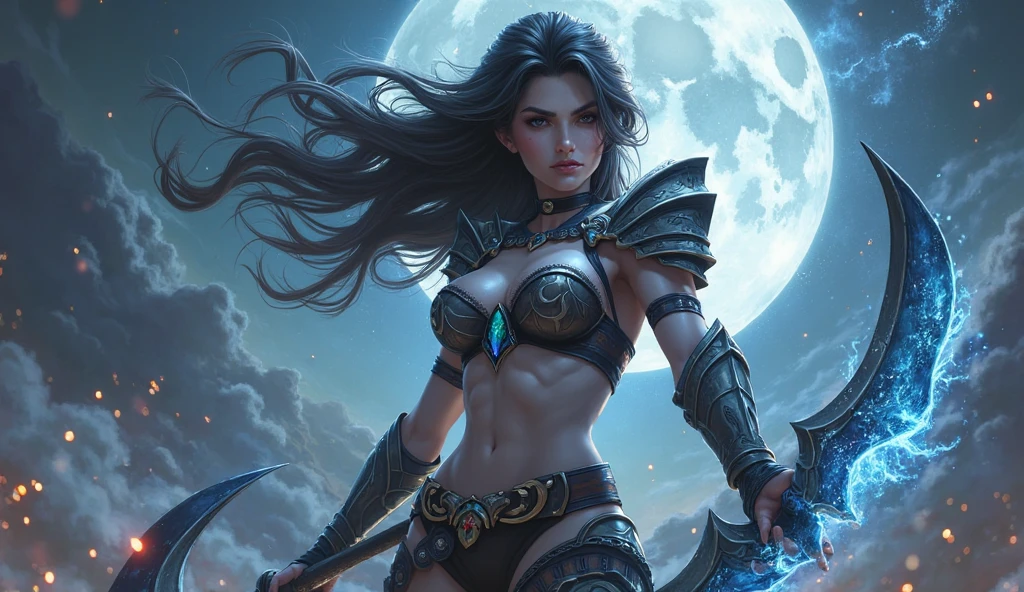 "hermosa bruja con armadura de luna llena Ultra-realist, 8K, Full HD"
