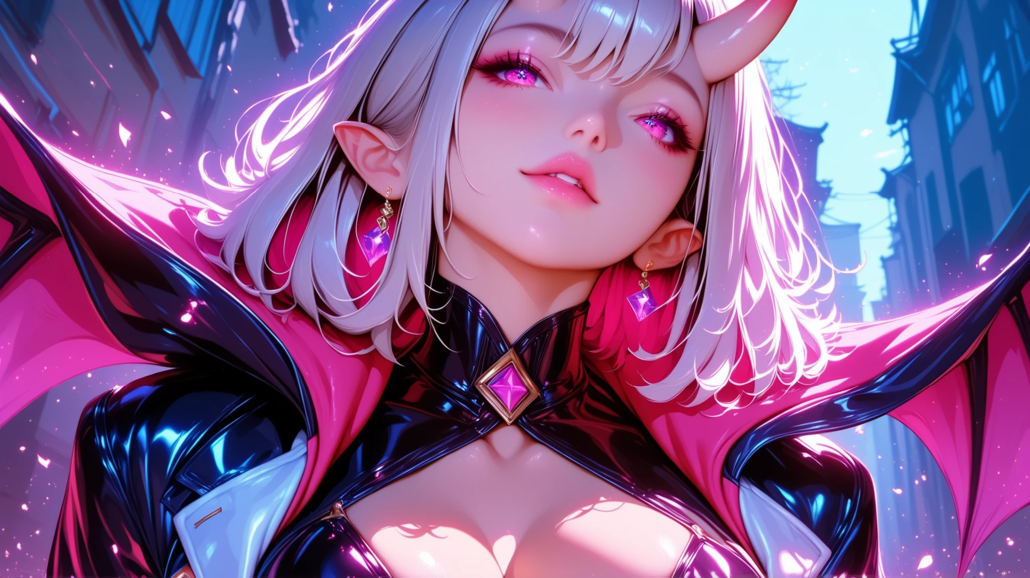 Adult girl, long white hair, high ponytail, pink eyes, bat wings, black rich dress, anger, masterpiece, high quality