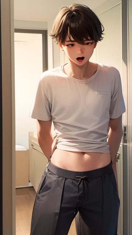 Photorealsitic, 8K full body portrait, a handsome, 18-year-old man, A charming expression, detailed face details, topless, sexy, Brief underwear, TOKYOcty, Winters, taking off pants pose, locker room