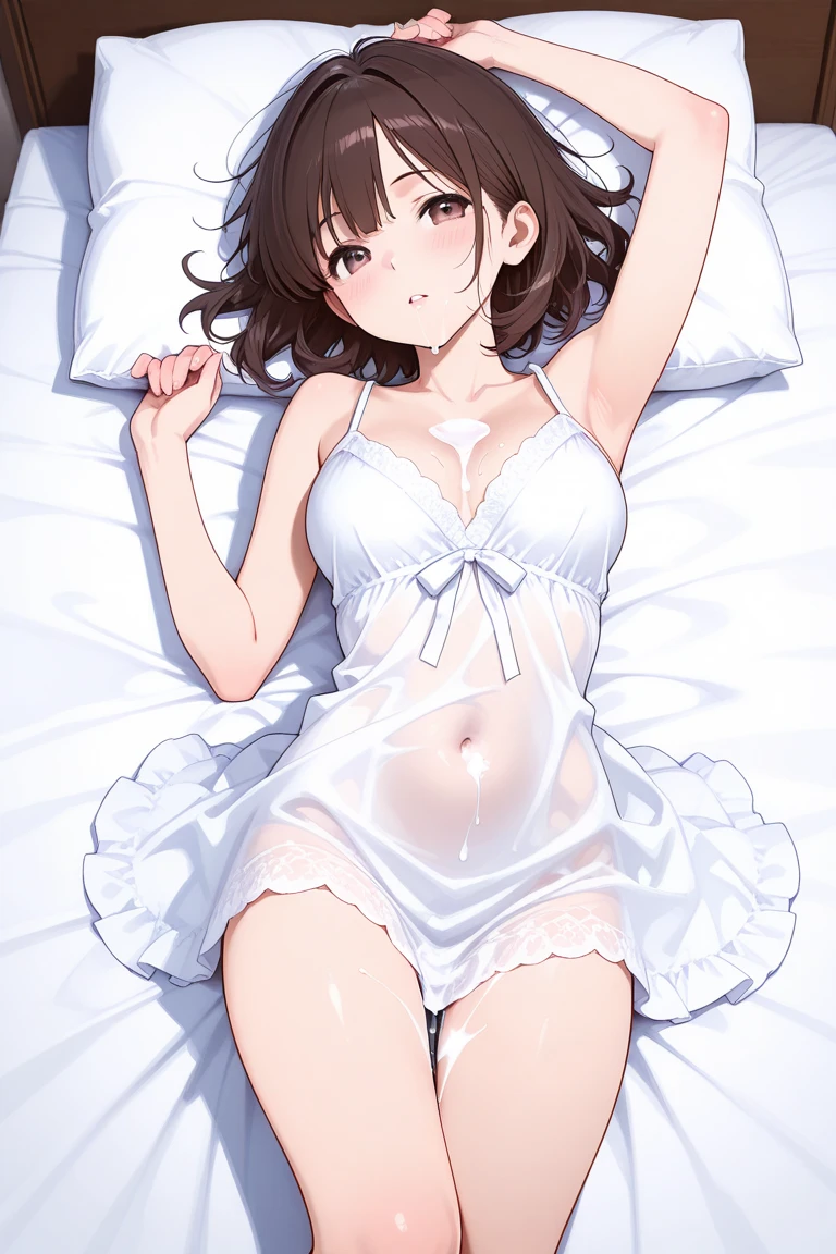 "(Masterpiece), best quality, anime style, effeminate, on the bed, tied with ribbon,(1 trap:1.2), wet white blouse, panties showing package:1.3), dark hair, light skin, raised arms, sfw, sensual, ecchi,"."