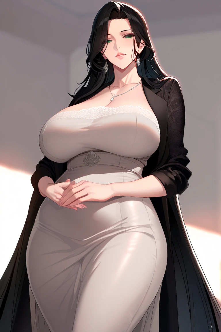 1girl,solo,Mature Woman,Black Hair,long hair,Glasses,mother,gentle,kind face,Super huge breasts,Big thighs,Black Dress,necklace,Are standing,Looking at this,Inclusive,White background,