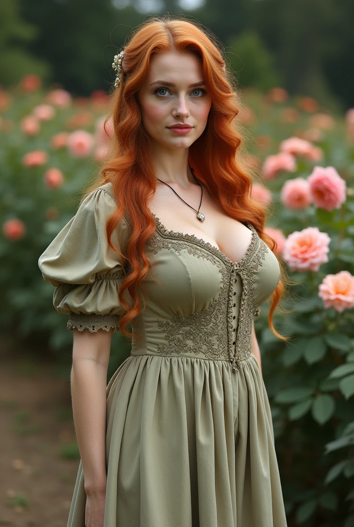 masterpiece, best quality, expressive eyes, perfect face, looking at viewer, large breast, big breast, small waist, , Best Quality, Realistic, perfect figure, highly detailed, showing cleavage, dressed as merida from brave, Red curly hair, big hair, blue eyes, Green outfit, in the forest, bow and arrow, detailed dress, freckles on her face, cheek blush, big puffy hair, very curly hair, castle in the bakcground, wearing a green cape, large nipples, short dress white stockings, garter, full body portrait