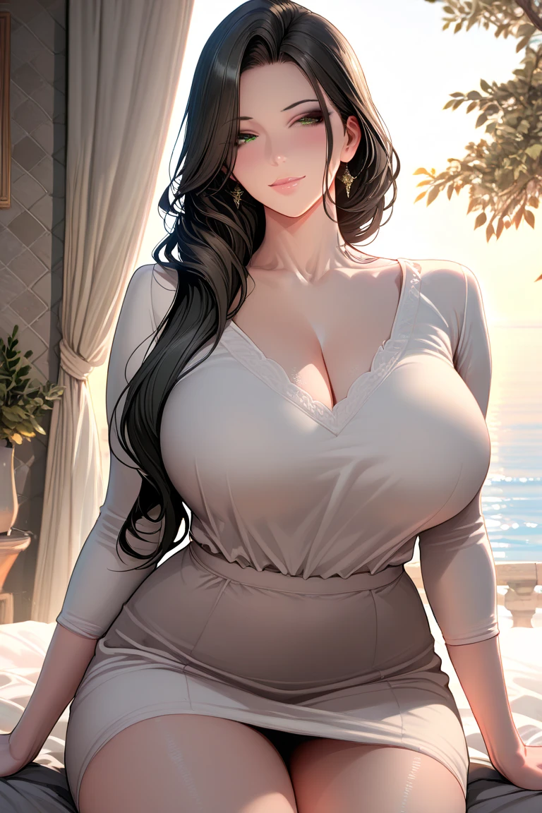 1girl, solo, straight hair, long hair, black hair, black eyes, white nightgown, mature female, milf, huge breasts, wide hips, curvy, close-up, sitting, looking at viewer, seductive smile, bedroom, indoors, scenery