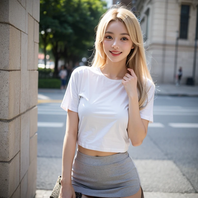 (8k, RAW photo, best quality, mastery:1.3), (realistic, photo-realistic:1.37), (looking viewer:1.331), (white hair), posing, Tokyo street, nightcityscape, cyberpunk city, soft light, 1girl, extremely beautiful face , Perfect body proportions, (small face: 1.1), bust, casual hairstyle, smile, big eyes, (short sleeves JK_shirt), JK_style, (navy JK_skirt), (bow JK_tie), mix4, detailed eyes