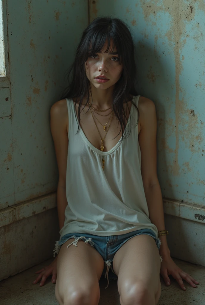 best picture quality, masterpiece, ultra high resolution, (fidelity :1.4), photo, 1 girl,[(sad)],White shirt, dim, dark, desperate, pitying, Pitiful, Normal,tears,tearsdrop,(torn clothes:1.5), (wet clothes:1.4), bare shoulders,True Rain,wet hair,..