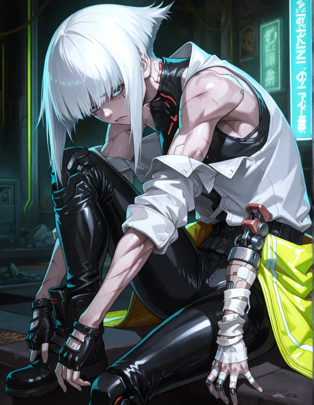 35 year old man años con una mano robotica de protesis, Natural white hair, medium length to shoulders with uneven and worn tips covering the nape of the neck, long and sluzly frayed bangs falling over the face but not completely covering the eyes, usually disheveled . strong jaw,  straight nose, sluzly dark eyebrows and always with a frown, not too full straight lips. athletic body, high, Muscular and defined, wide shoulders, no scars on the body, slightly long disheveled hair, strong arms and with prosthesis on the left arm of a cyberpunk robot,  Without tattoos. ice blue eyes, Clear and penetrating, intense. Henley shirt dark blue almost black with only one button fastened and two open buttons with the sleeves rolled up a little below the elbows showing a little below the rolled sleeves of the coat, black leather pants, black leather boots, fingerless leather gloves, some white bandages on the forearms, ropa cyberpunk style. cyberpunk style, 8K, ultra HD, anime-style, 35 year old man