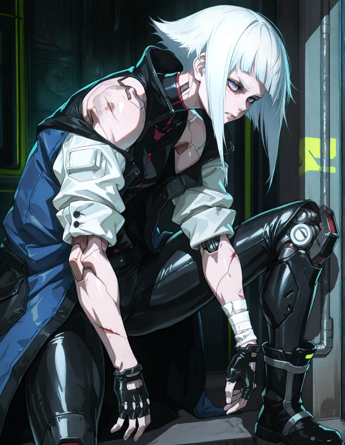 35 year old man años con una mano robotica de protesis, Natural white hair, medium length to shoulders with uneven and worn tips covering the nape of the neck, long and sluzly frayed bangs falling over the face but not completely covering the eyes, usually disheveled . strong jaw,  straight nose, sluzly dark eyebrows and always with a frown, not too full straight lips. athletic body, high, Muscular and defined, wide shoulders, no scars on the body, slightly long disheveled hair, strong arms and with prosthesis on the left arm of a cyberpunk robot,  Without tattoos. ice blue eyes, Clear and penetrating, intense. Henley shirt dark blue almost black with only one button fastened and two open buttons with the sleeves rolled up a little below the elbows showing a little below the rolled sleeves of the coat, black leather pants, black leather boots, fingerless leather gloves, some white bandages on the forearms, ropa cyberpunk style. cyberpunk style, 8K, ultra HD, anime-style, 35 year old man