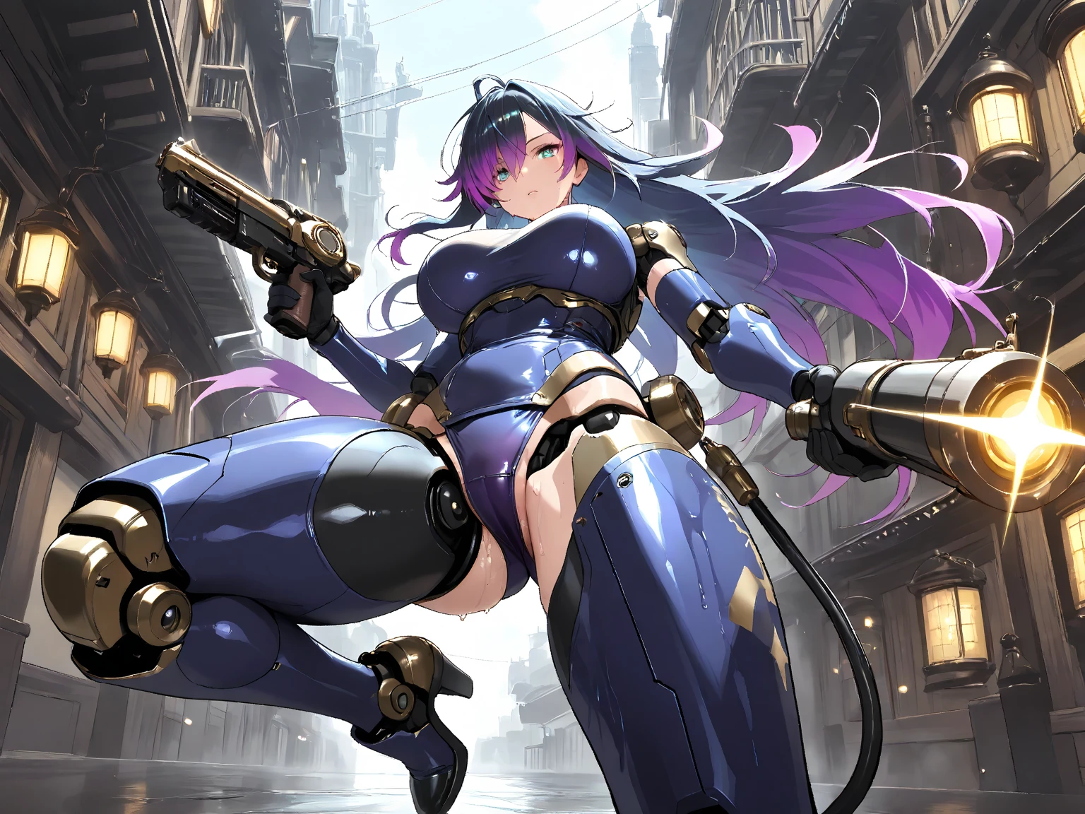 (full body photo+standing+looking at the viewer:2), (woman+Robo:1.8), (extremely large robotic breasts:2), (she is wearing black robotic suit with large mechanical gears:1.5), (she is inside an old sewer all destroyed:1.5), (she has purple hair:1.5), (blue eyes:1.5), (body+clothing+wet:1.8), (doing sensual pose+erotic pose+exhibitionist pose:1.5), (heavy breathing:1.5), (making face of having, anime, Eye-Level Shot, 16k, UHD, best quality, high details, masterpiece, anatomically correct ((huge boobs)) ((huge butt))