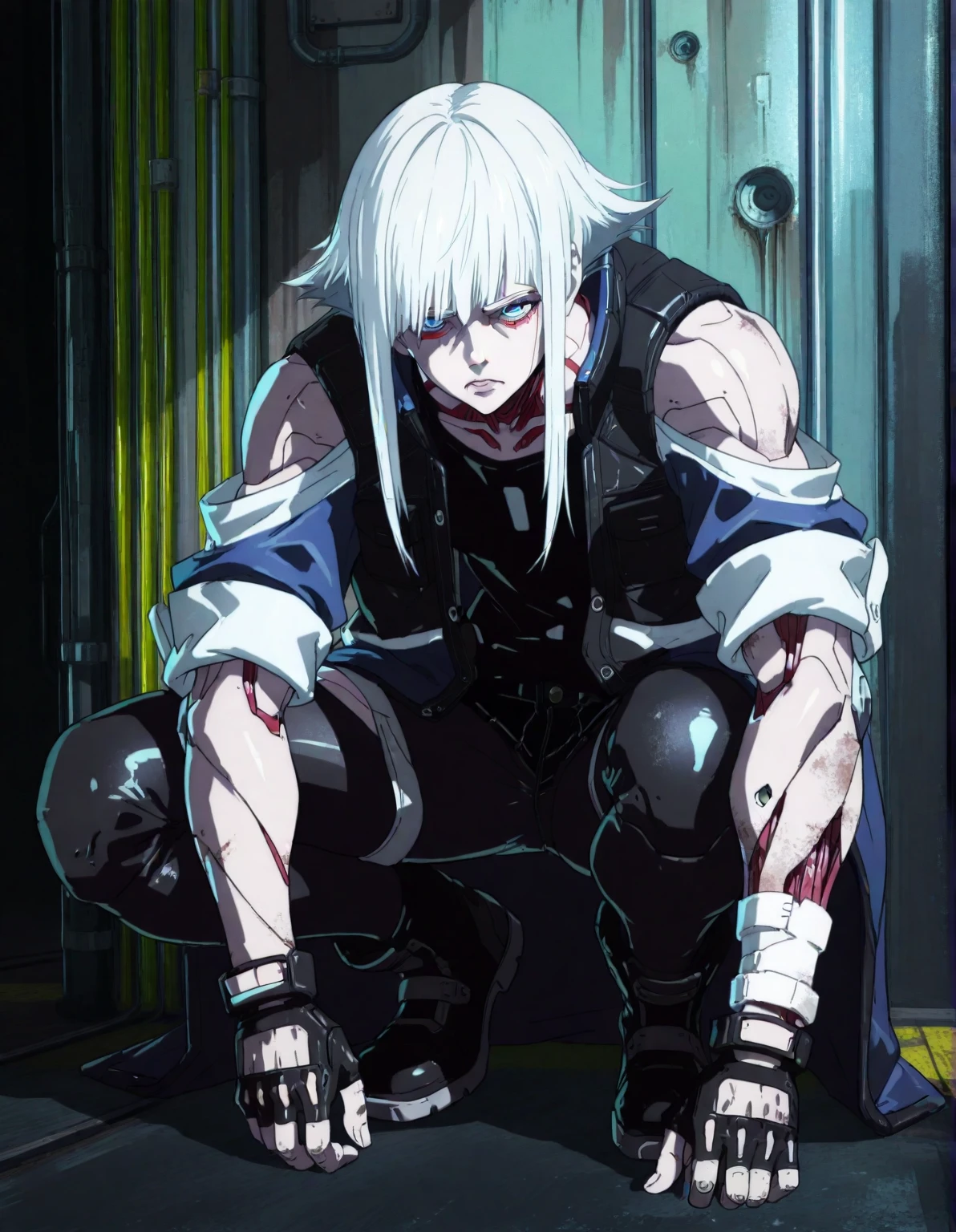 35 year old man años con una mano robotica de protesis, Natural white hair, medium length to shoulders with uneven and worn tips covering the nape of the neck, long and sluzly frayed bangs falling over the face but not completely covering the eyes, usually disheveled . strong jaw,  straight nose, sluzly dark eyebrows and always with a frown, not too full straight lips. athletic body, high, Muscular and defined, wide shoulders, no scars on the body, slightly long disheveled hair, strong arms and with prosthesis on the left arm of a cyberpunk robot,  Without tattoos. ice blue eyes, Clear and penetrating, intense. Henley shirt dark blue almost black with only one button fastened and two open buttons with the sleeves rolled up a little below the elbows showing a little below the rolled sleeves of the coat, black leather pants, black leather boots, fingerless leather gloves, some white bandages on the forearms, ropa cyberpunk style. cyberpunk style, 8K, ultra HD, anime-style, 35 year old man