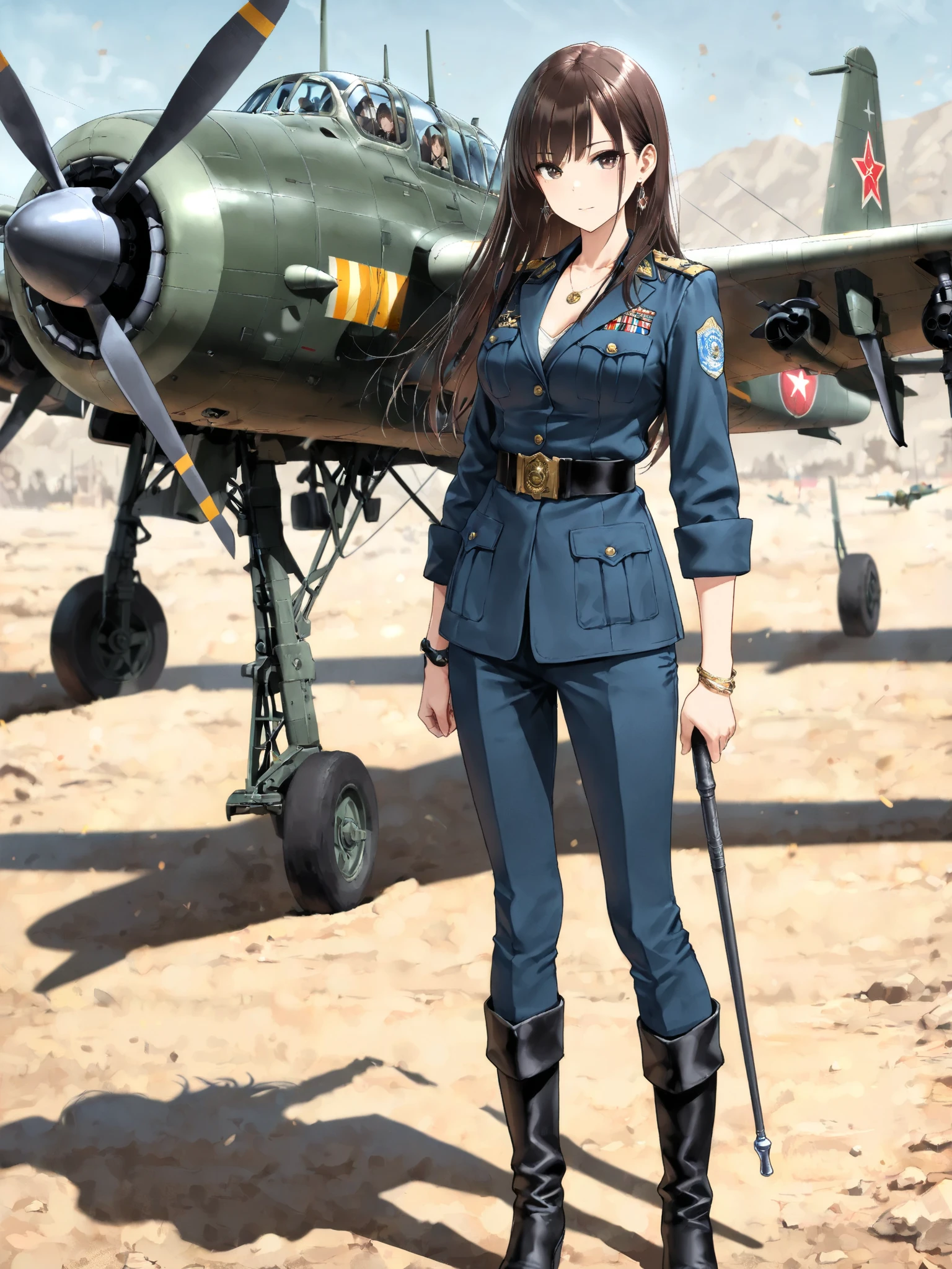 (Reference to the uniform of the Russian Army Corps Commander, World War I: 1.5), a 28-year-old woman, tall, big breasted, dark eyes, long straight bangs, dark blue hair, dressed modestly. A supreme commander standing on a flying aircraft carrier and watching the plane take off, masterpiece, realistic, sci-fi science fiction, beautiful eyes, realistic sci-fi movie, (remote camera angle). , the most realistic facial details, CG face decoration, realistic
