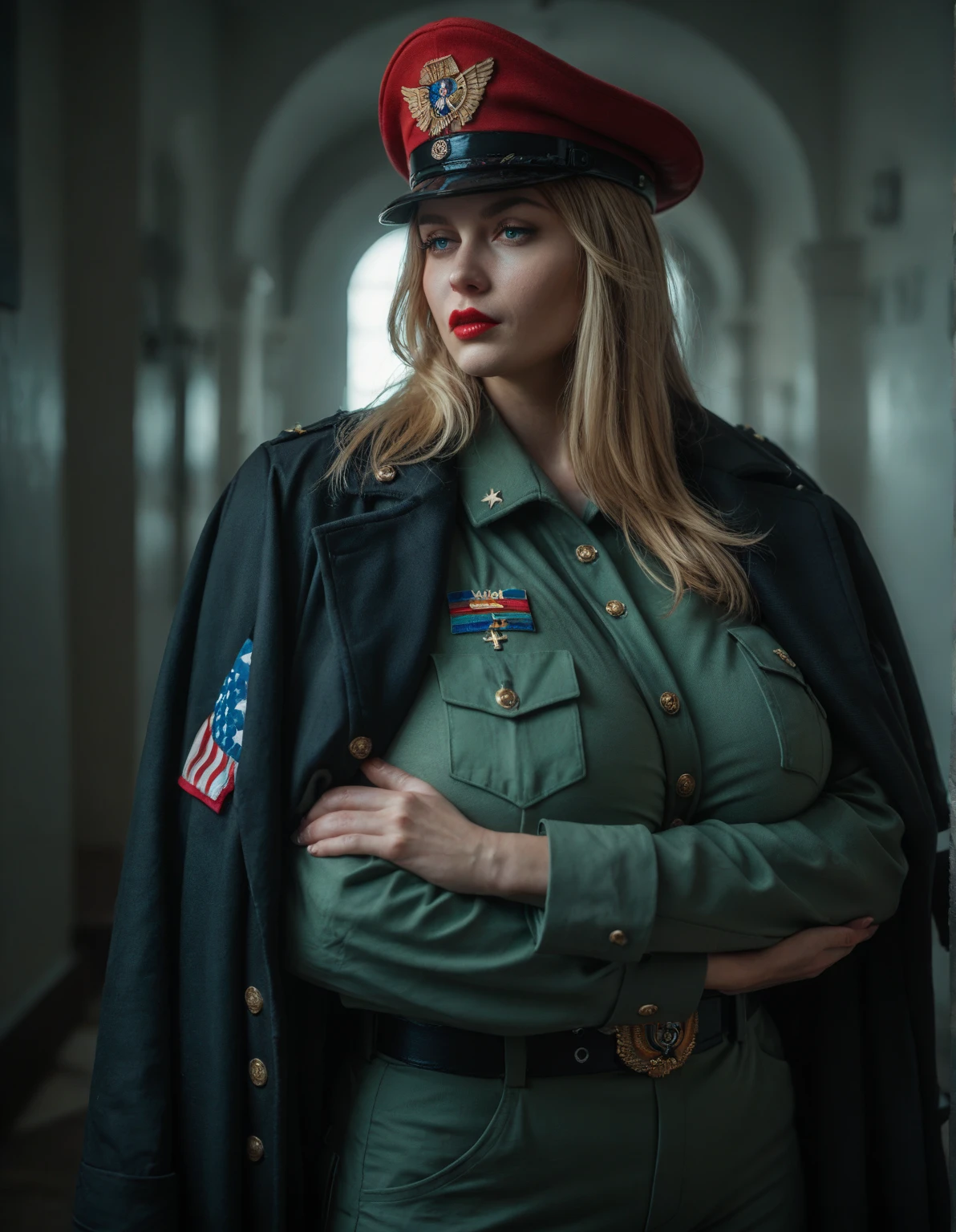 (masterpiece), best quality, extremely detailed face, ((old man in a green suit stands beside)) (((nude naked nude naked young teen girl wears a military hat and salutes))) and has chignon hair and has medium breast and nipple and vagina and earring and necklace and wristwatch, classroom setting, classroom, crowd of old men in black suits, crowd of old men in black suits, crowd of man in suit in the background, old man in suit in the background, American flag on the wall,