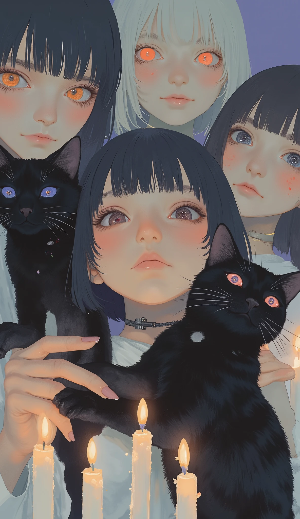 Close up of cartoon characters holding black cats, Subtle Junji this , Junji Ito style, Junji Ito styleの色合い, Ito Junji and Greg Lutkowski, Pixiv and Junji, Katsuhiro Otomo and Junji Ito, Junji Murakami, Junji this work