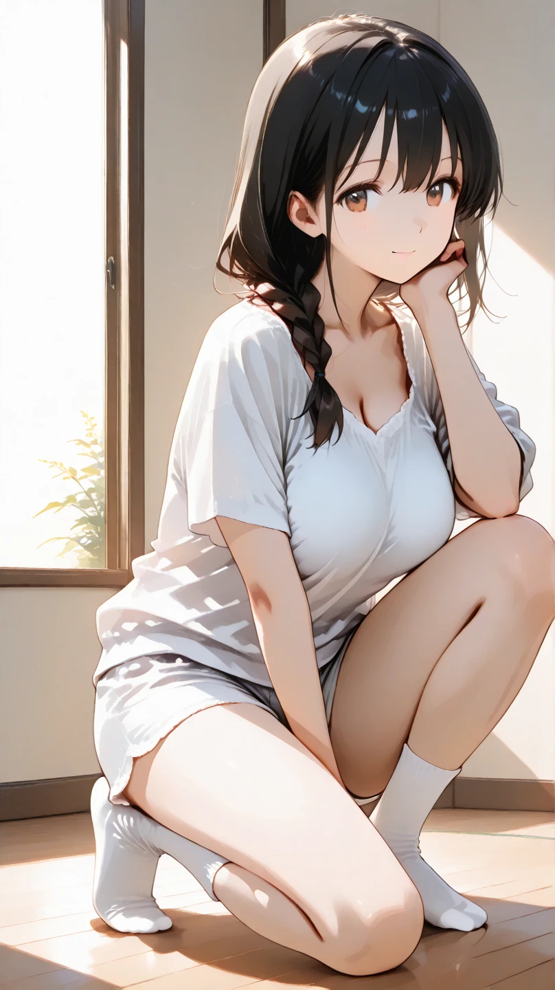 High Resolution, Best Quality, Masterpiece, Ultra High Quality, Ultra Detail, Ultra Realistic, 3D, Anime, Illustration, Troubled Face, Solo, ((Beautiful Student Short Skirt)), Sitting Upright and Touching Her Hair, (Looking at the Camera), (Background Blur))), Bare Feet, (((Cotton Underwear)), Large Breasts, Front Shooting,