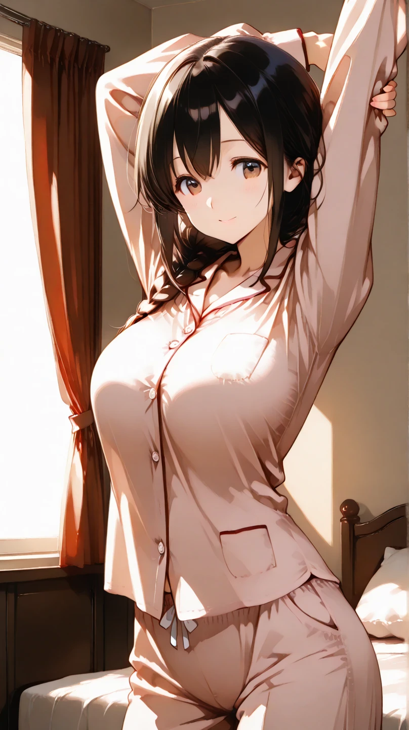 1girl, mature women,perfect ,black hair, long hair, (hair over one eye:1.4), messy hair, hair between eyes, chubby,saggy breast, cute motif pajama, cute shy blush on , bedroom 