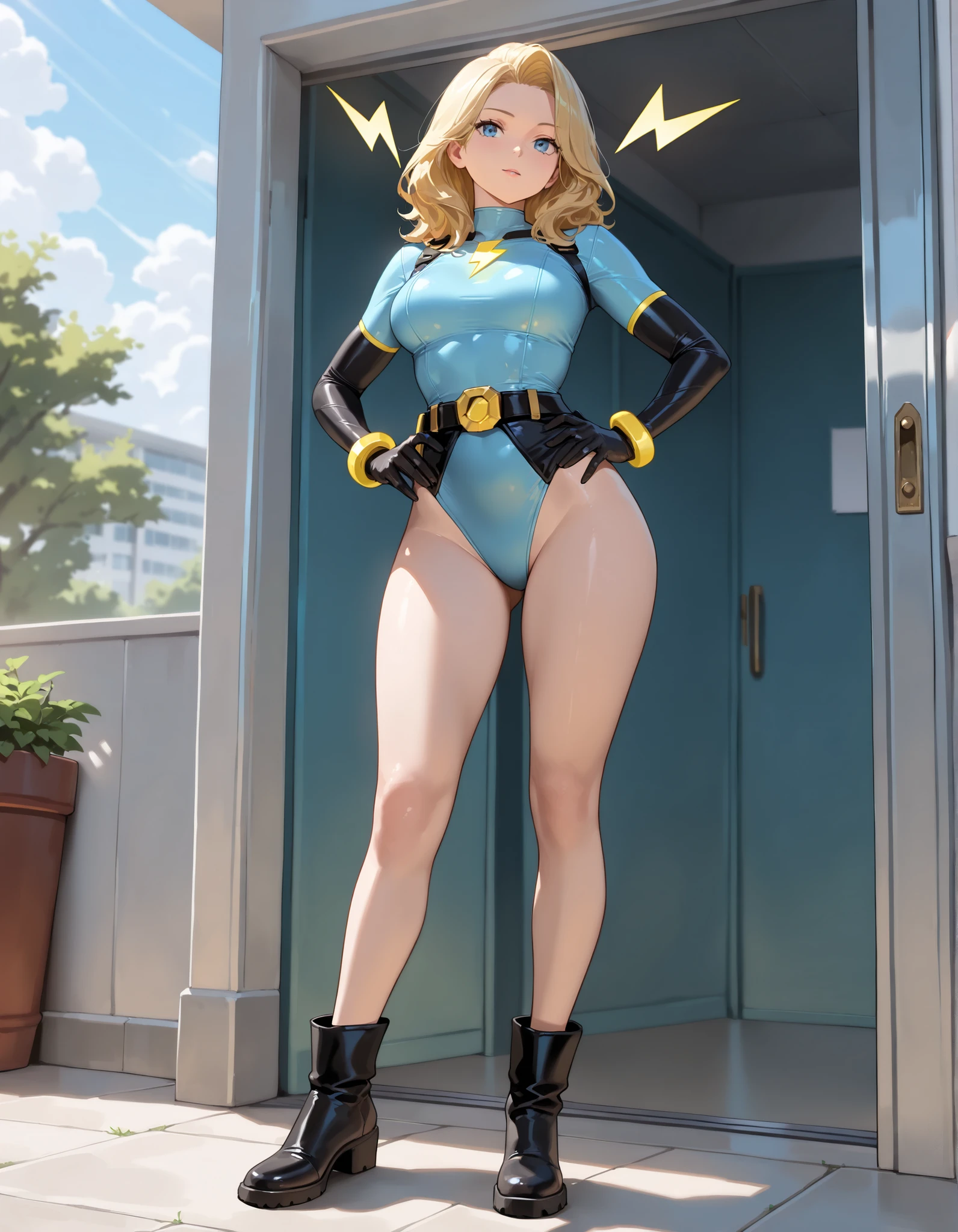 (masterpiece, best quality:1.4), ultra-detailed, soft light, natural lighting, cinematic light, film grain, (depth of field), (1woman, solo:1.4), mature woman, perfect female form, (perfect face, detailed face, glossy lips, eyeliner), short hair, blonde, (natural breasts), (green leotard, bare legs, gloves, boots), (mixtape:1.4), (city backdrop), (standing), hand on hip, full body shot, heroic, superhero