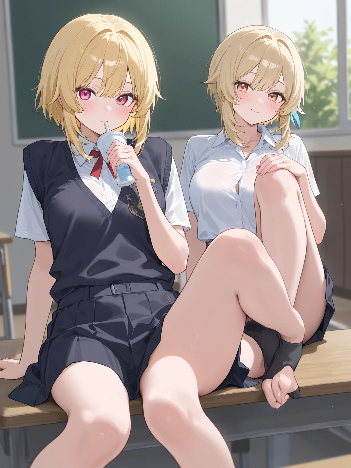 Highest quality,Highest quality,One girl,Multiple Boys,((((10 years old)))),  surrounded by boys,Flat Chest,orgasm,blush, Sweat, Sakurai Momoka,Blonde,White Sarah Outfit,Navy Blue Skirt, Not a pleated skirt,whole body,Dark Classroom, Grey pantyhose、Flipping up a navy blue skirt、Spread your legs