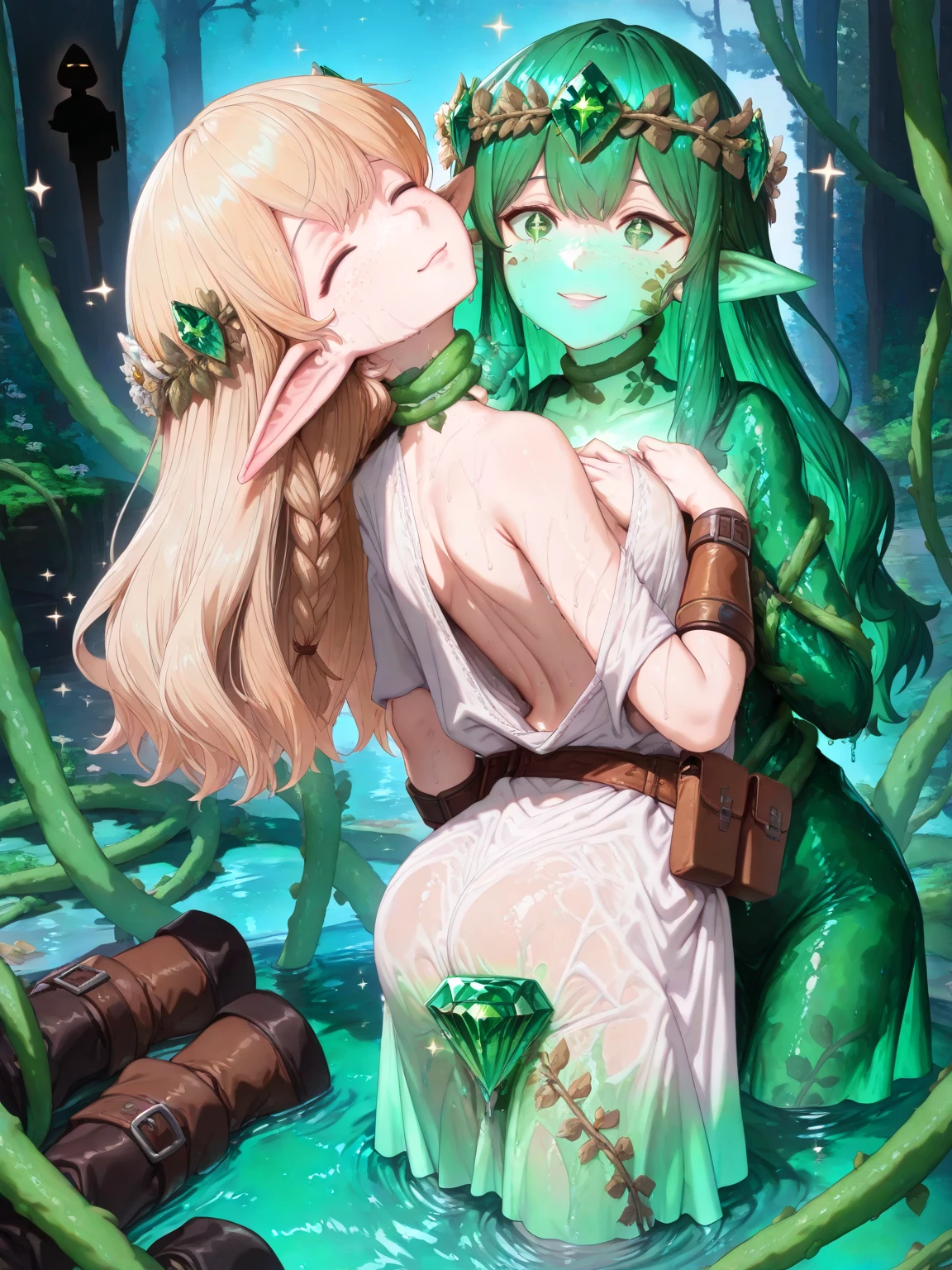 <lora:breastGrabingPoseAphrodite_v10:1>(2boys grabbing 1girl breast:1.1),2boys,grabbing breast, bald male, muscle male, <lora:celestineLucullus_v15[celestine lucullus,blonde hair,head wreath,laurel crown,green eyes,o-ring,o-ring top,elf,pointy ears]:0.5>celestine lucullus,blonde hair,head wreath,laurel crown,green eyes,o-ring,o-ring top,elf,pointy ears