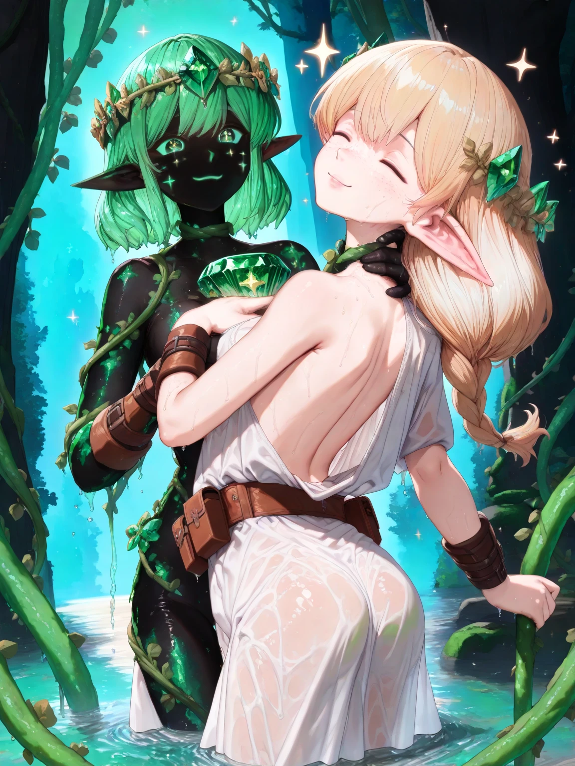 (((( - A young adult male elf with very tan skin and blonde hair and huge manly pecs is wearing erotic and suggestive armor and he is being penetrated in his butthole by huge slime watery tentacles)))), NSFW, (elf x tentacles orc), ((size difference)), (spanking), (sex), (yaoi tentacle hentai), ((artstyle inspired by Ppatta yaoi hentai comics))), ((tentacles breeding male)), (((tentacles tweaking amd twisting the elf’s long erect pink nipples))), ((a lot of tentacle filling his holes)),((the elf is lost in pleasure)), ((elf in erotic pose)), ( he is being watched by other group of erotic yaoi elfs)), ((sexy dark skin male elf with erotic mini clothes)),