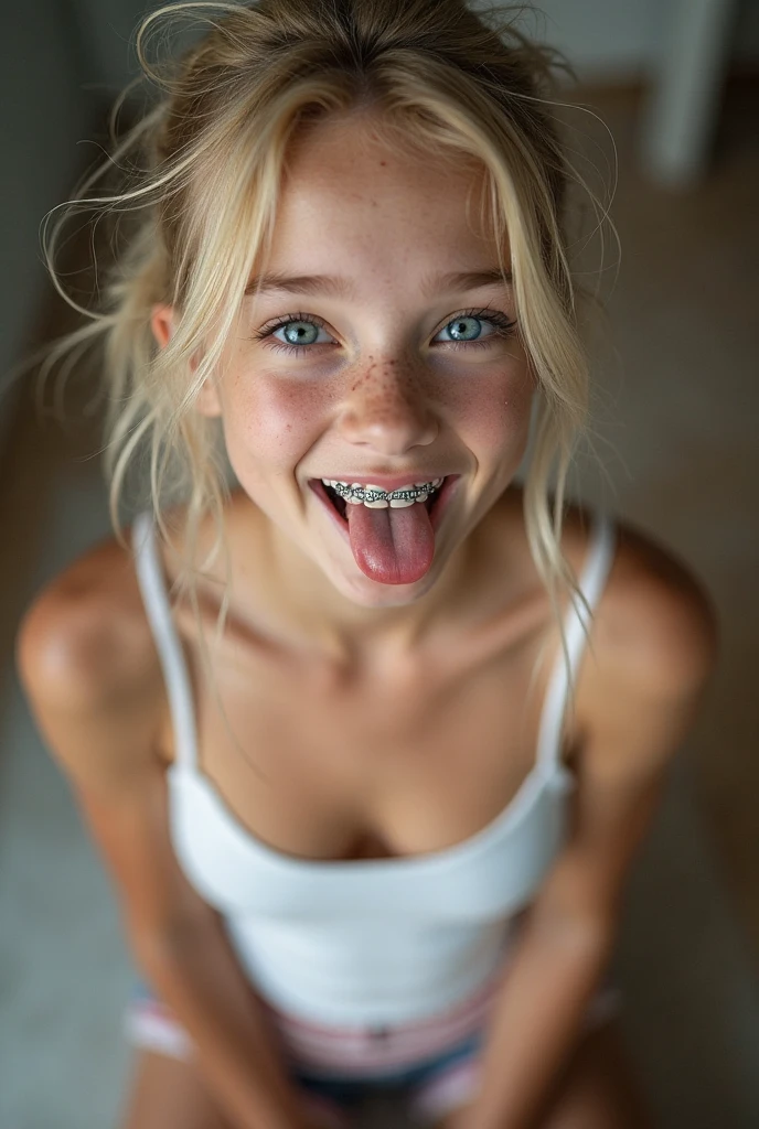 beautiful sexy little tween russian school girl, thin, long blonde hair, blue eyes, nice bottom, nice bottom, big red lips, dressed like a whore, tiny short blue plaid skirt, wearing only lingerie, scared, nice legs, nice bottom, standing on living room, ultra realistic, wearing glasses, wearing cropped top, fit, pony tail, ful body image, awesome fit body, viewed from above, thick over her face, cum on face, bukakke, facialized, semen on all her face, cumshot, cum shot, mouth open, braces, semen on mouth, liquid white cream dripping from her mouth