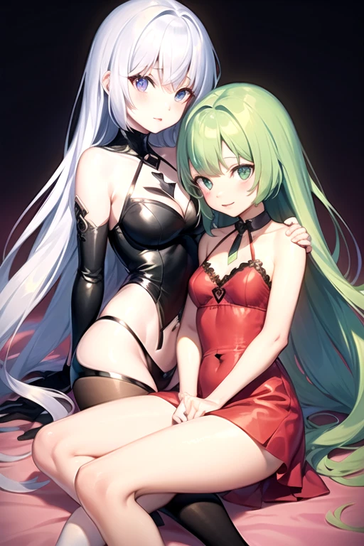 ((best quality)), ((Masterpiece)), (details), 2 girls, The first one has long green hair.,red eyes,big breasts,Slim figure,small hips,Put on a nurse's uniform,Put on white stockings, Two people with short yellow hair,blue eyes,small hips,Put on a nurse's uniform,Wear black stockings,Hug each other,