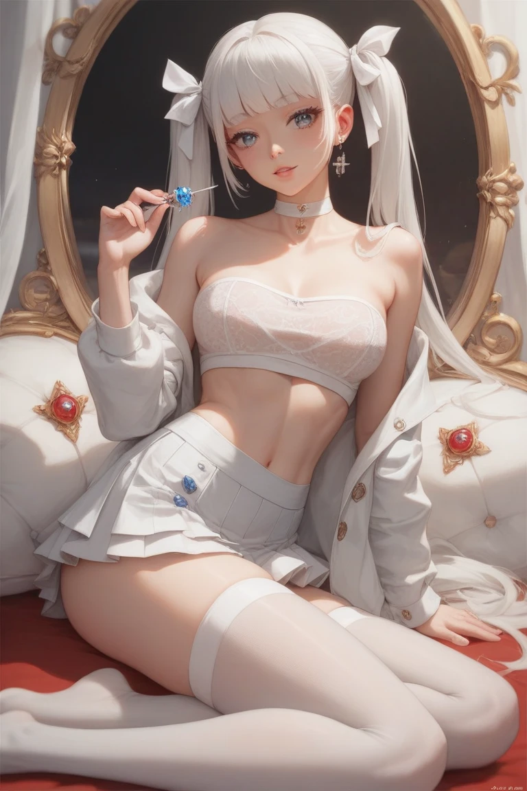 Royal sister,Detailed eyes,详细的脸,mature face,Silver hair,Ripe body,Tall body,Seductive body,Long legs,8k,k hd,fleshy feeling,White translucent lace,White plump delicate body,Beautiful face,Cherry small mouth,Beautiful and delicious(3D royal sister),a plump buttocks, jade foot